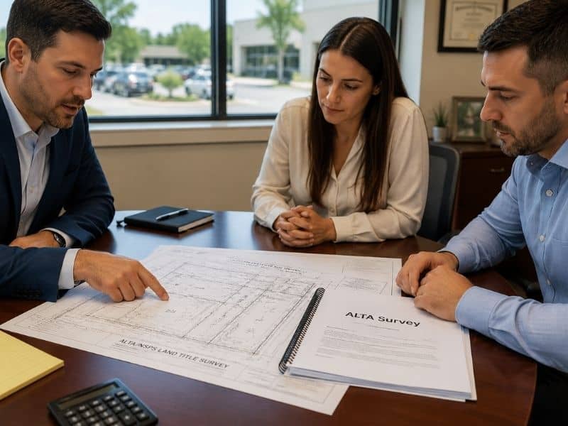 Buyer and lender reviewing ALTA survey documents and commercial property plans before closing on a real estate transaction