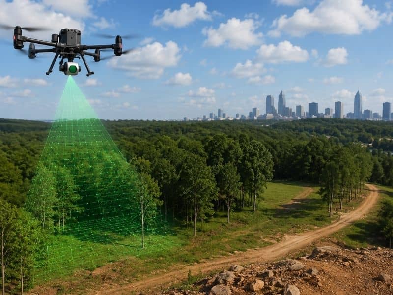 Drone performing LiDAR mapping over a wooded property with terrain scanning technology and city skyline in the distance