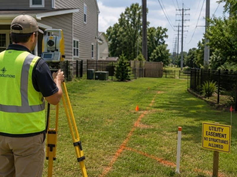 Licensed land surveyor reviewing property boundaries and easement areas near a residential property