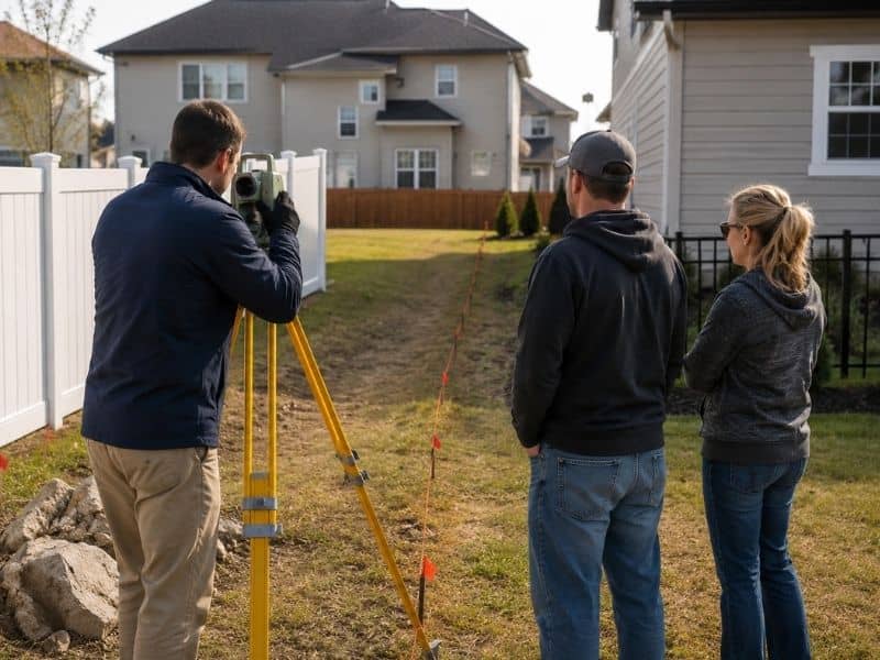 Licensed land surveyor measuring a residential property boundary while neighbors review fence line markers in a suburban neighborhood