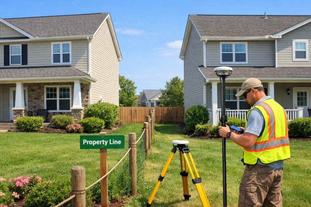 Boundary survey price neighboring properties - Atlanta Land Surveying Land surveyor working near a property line between neighboring homes for a boundary survey price quote