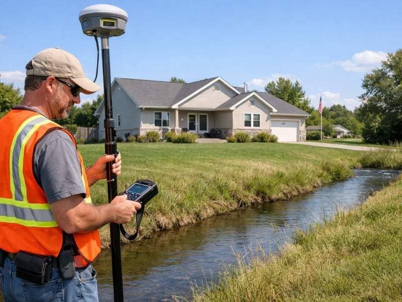 Licensed land surveyor taking measurements for an elevation certificate at a home near a creek