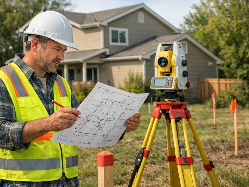 Land surveyor reviewing a property plat and surveying a residential lot as part of determining property survey cost