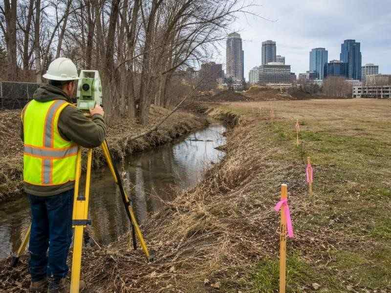 Surveyor locating flagged watershed buffer limits beside an urban creek before site development planning