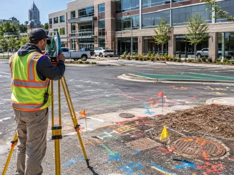 atlanta alta survey utility markings - Atlanta Land Surveying Surveyor documenting underground utility markings and access covers for an Atlanta ALTA survey Table A Item 11 review.