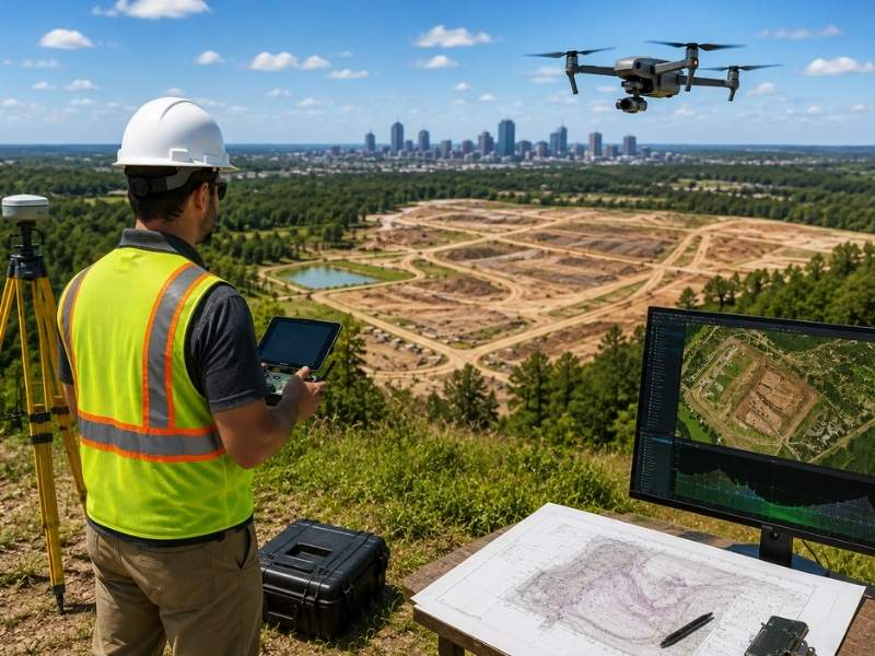 UAV survey in Atlanta, Georgia, with a surveyor operating a drone over a large property for aerial mapping and site data collection.